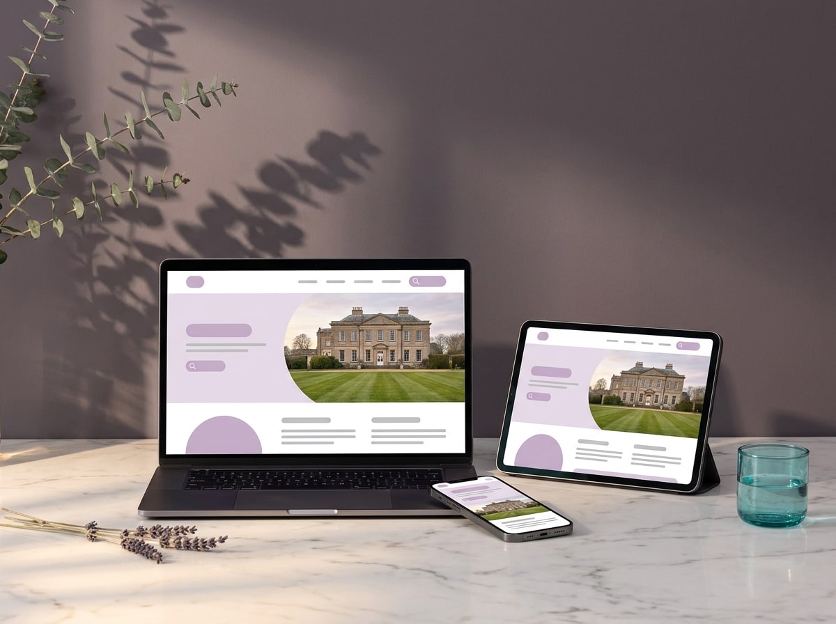 One estate agent website design shown responsively across laptop, tablet and phone