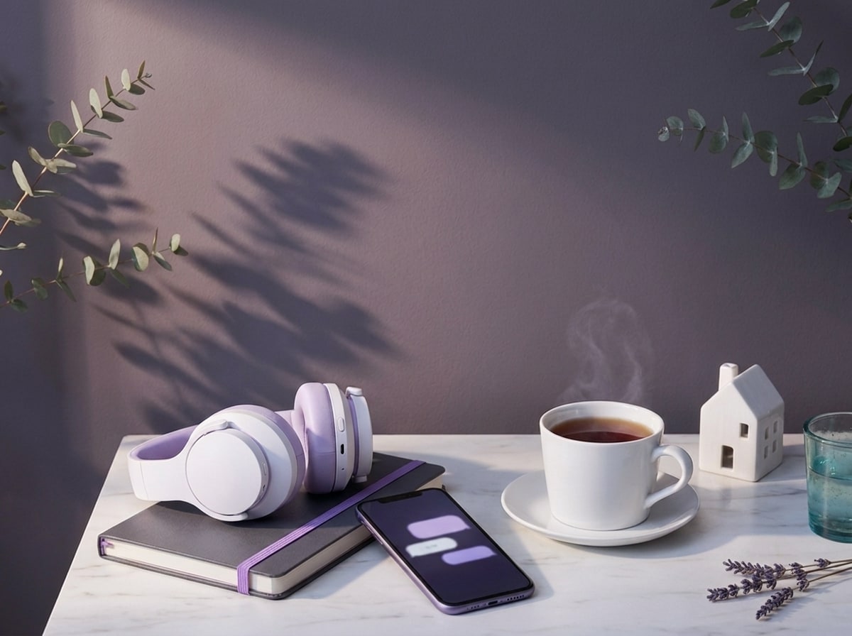 A support desk with headset, chat on a phone and a fresh cup of tea