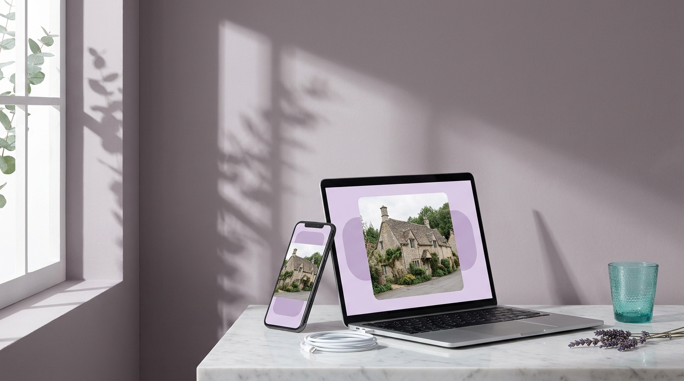 A laptop and phone showing the same property listing, perfectly in sync