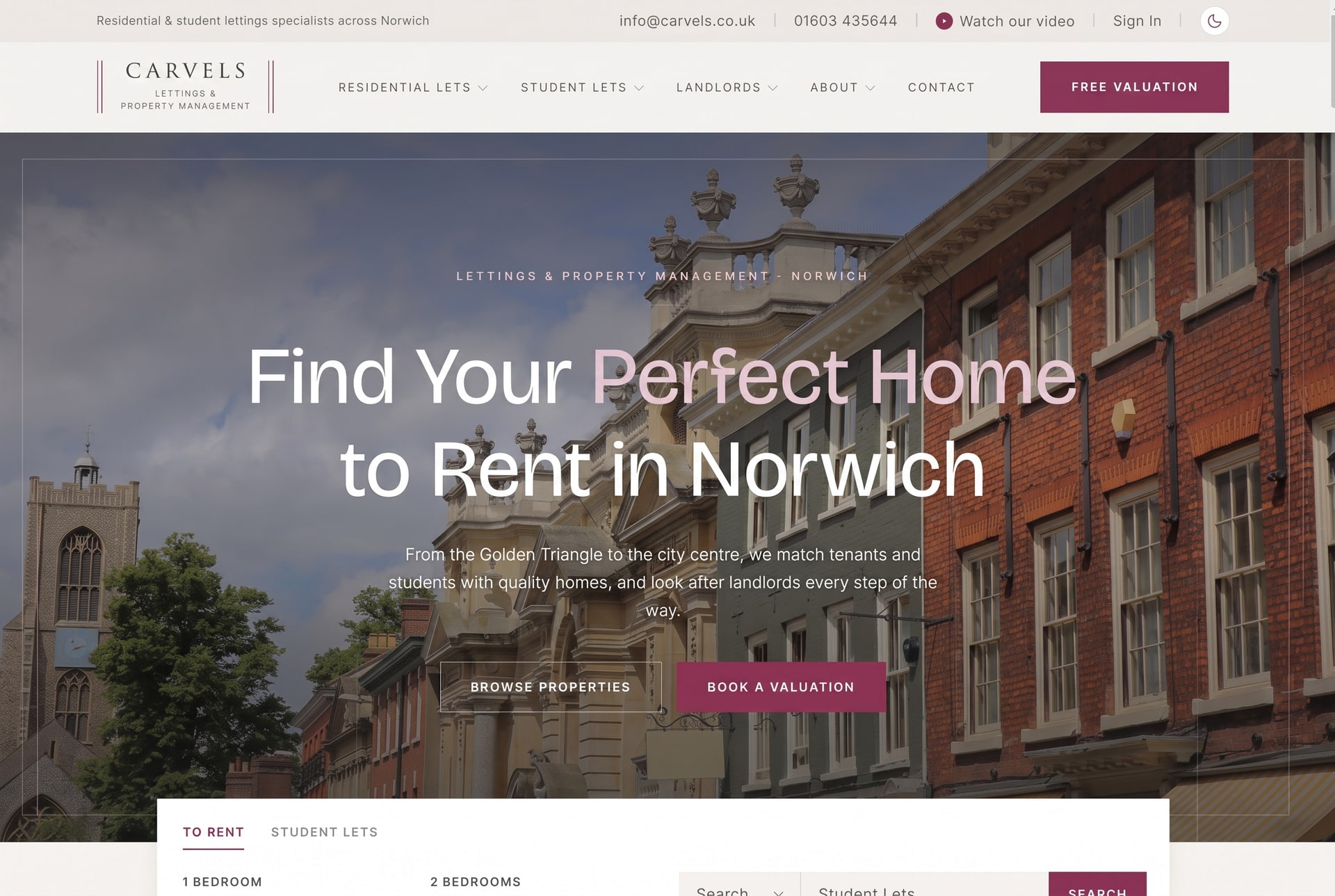 A Carvels lettings website shown in light mode